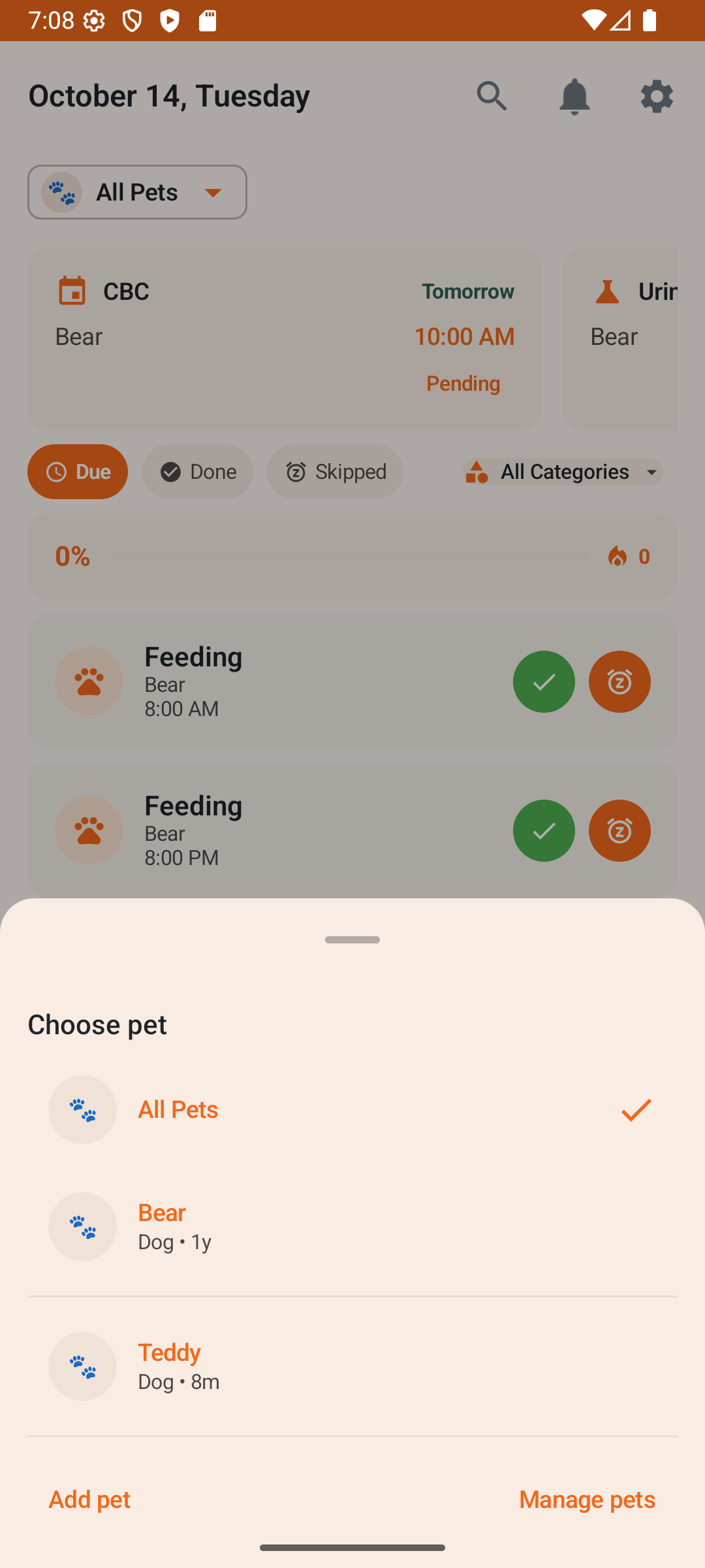 Pawstify app interface showing pet selector screen with multiple pets and health tracking features